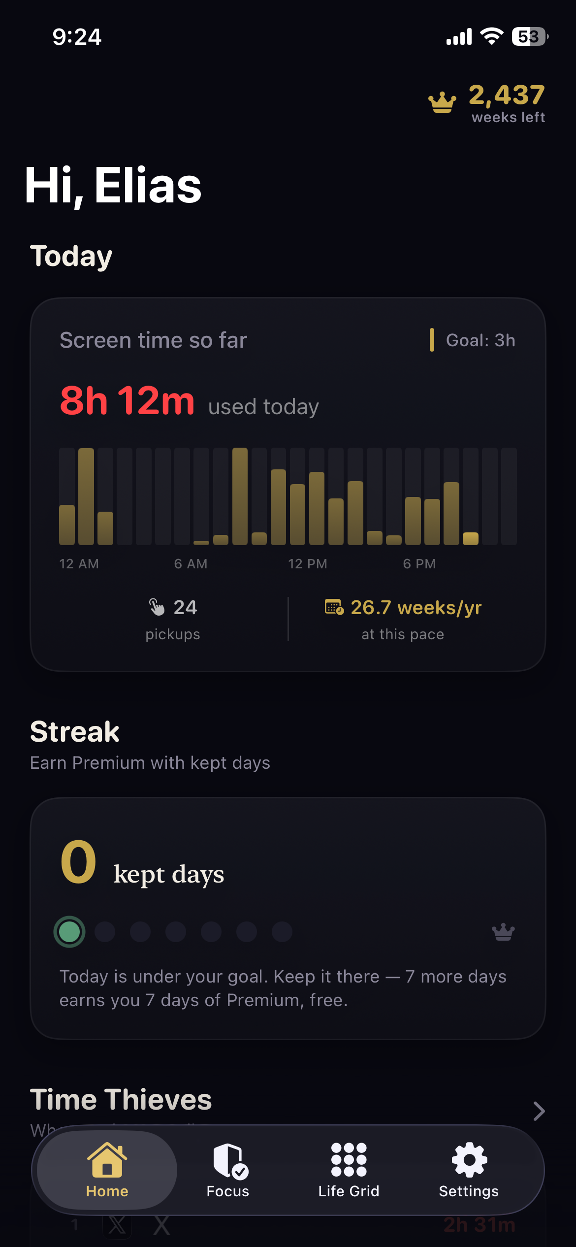 DOTS home screen showing today's screen time, streak, and life grid.