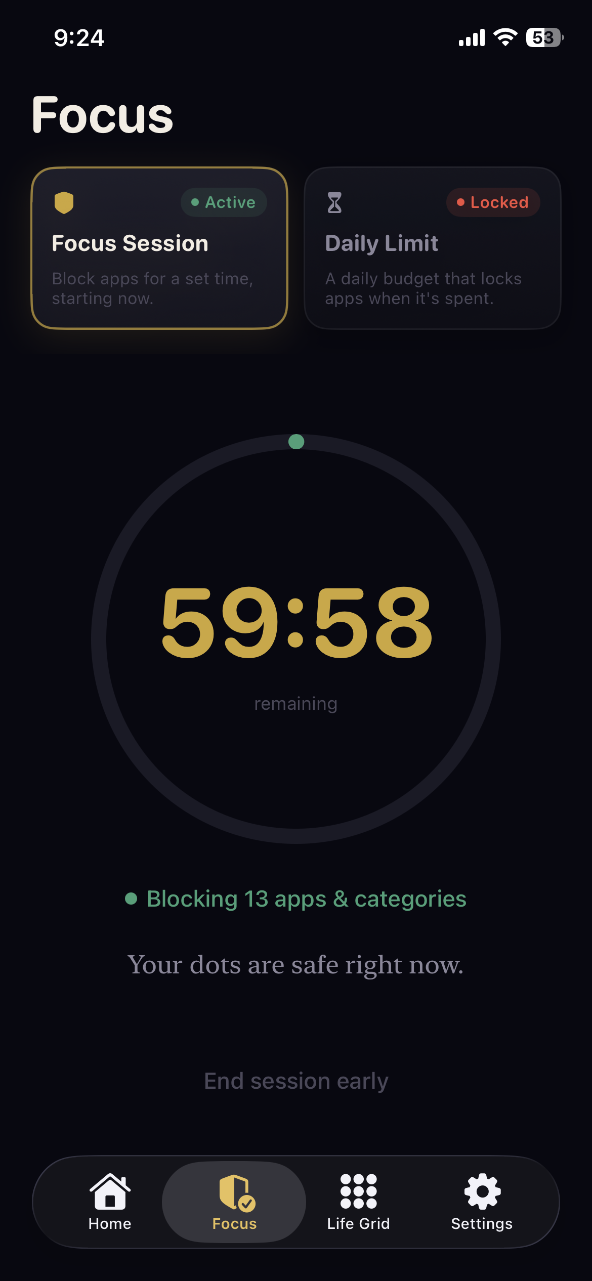 DOTS Focus Session timer blocking apps.