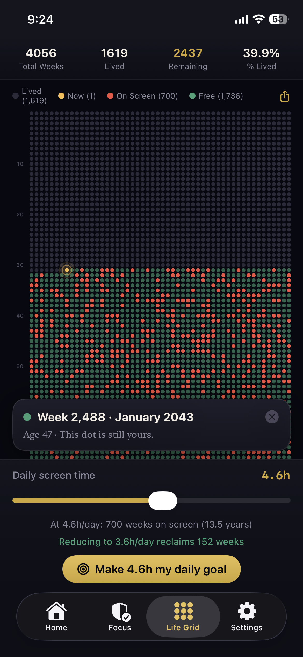 DOTS life grid with lived, current, on-screen, and free weeks.