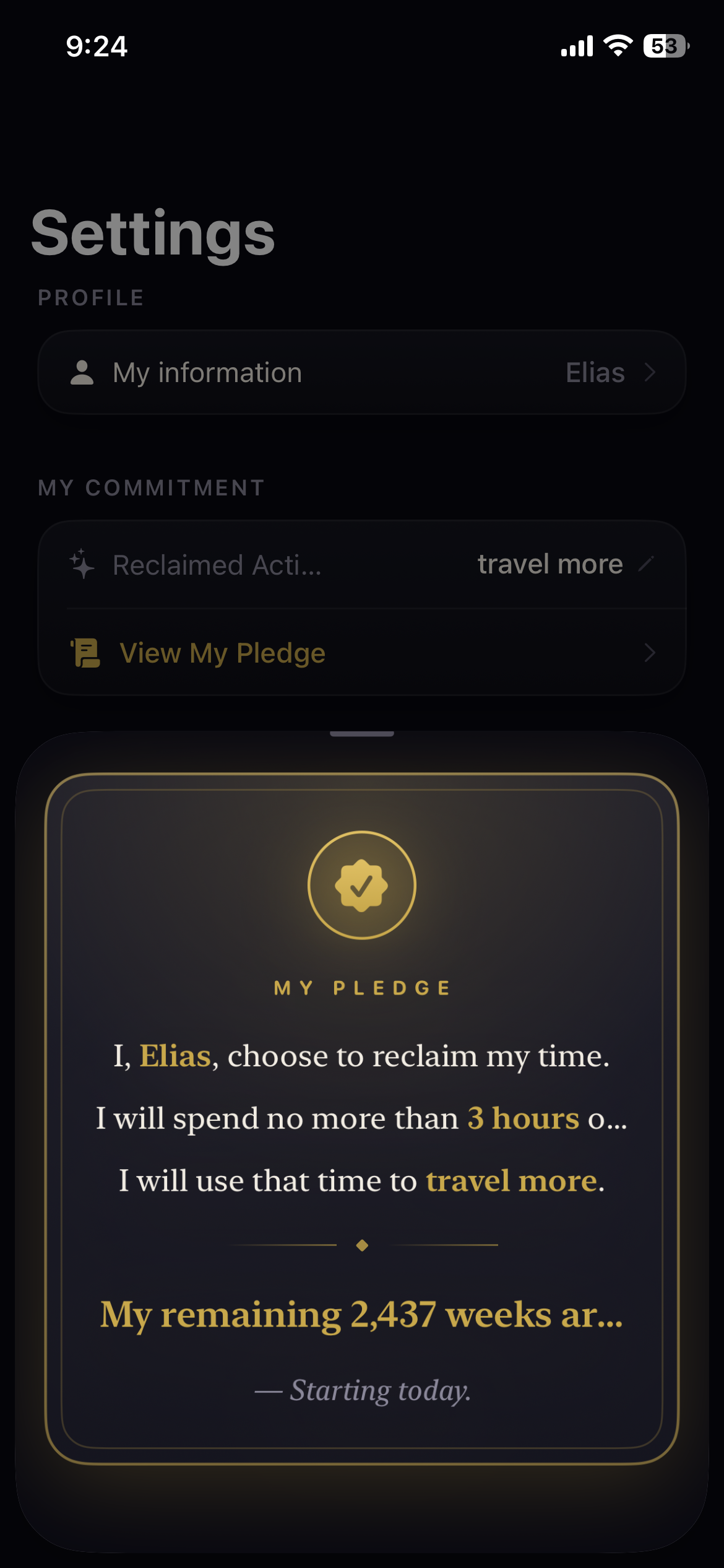 DOTS pledge card with the user's commitment.