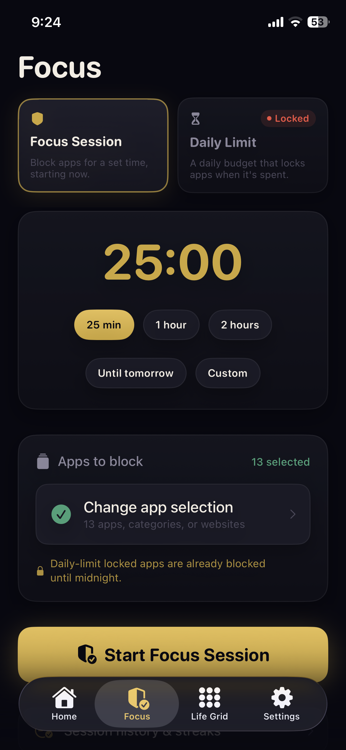 DOTS focus presets for setting a session length.