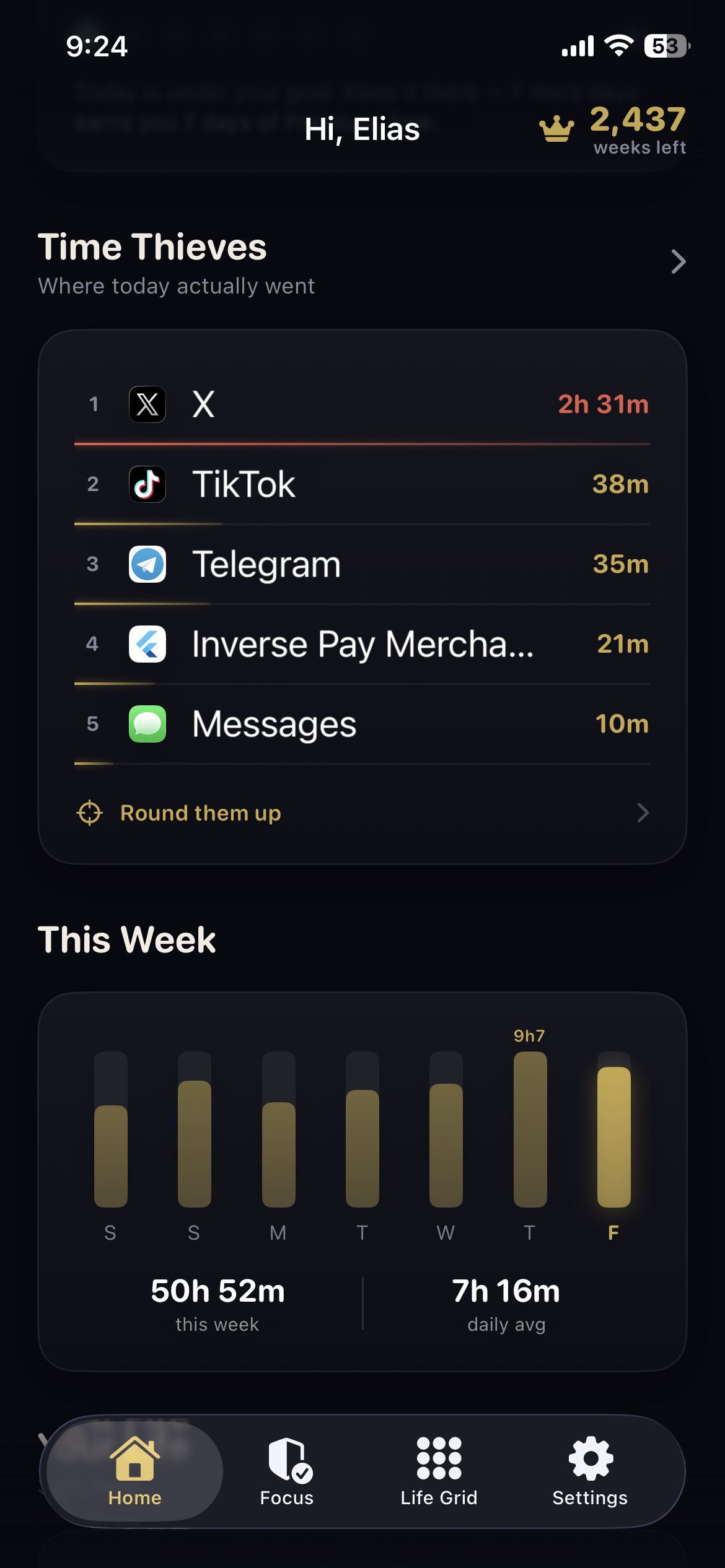 DOTS Time Thieves screen ranking apps by time spent.