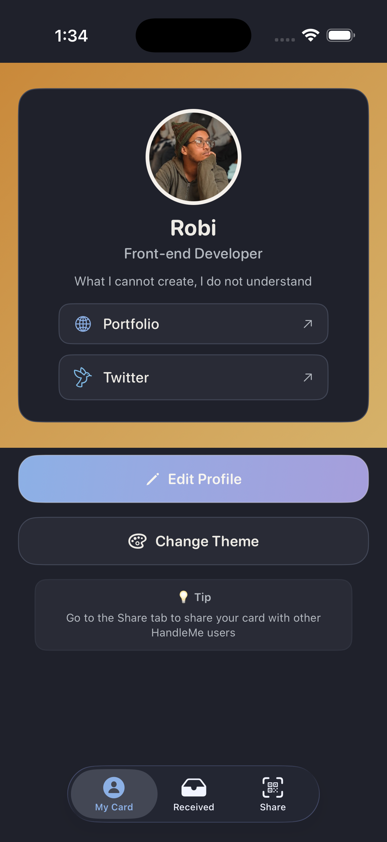 HandleMe my card screen in dark mode showing a profile card with links and editing actions.
