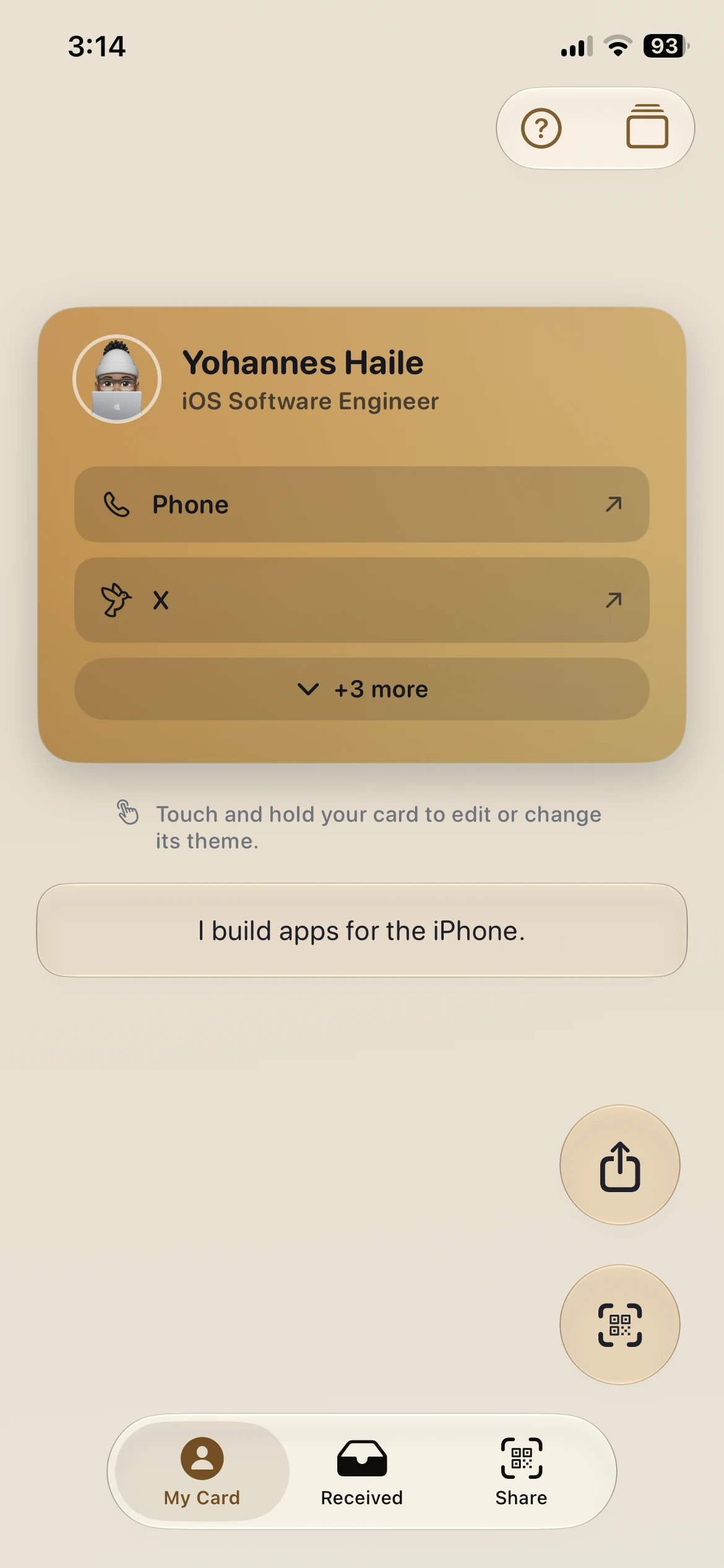 HandleMe My Card screen in a gold theme