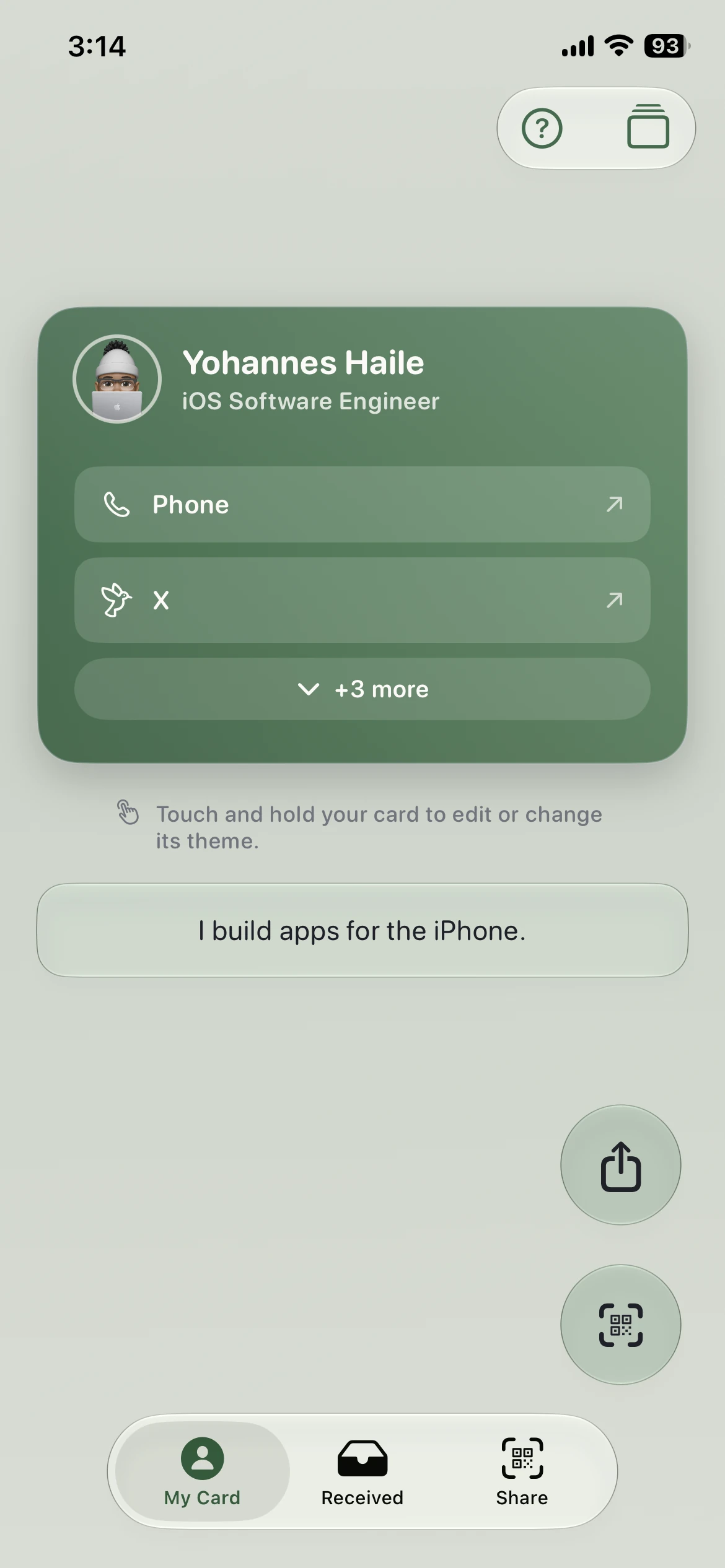 HandleMe My Card screen in a green theme