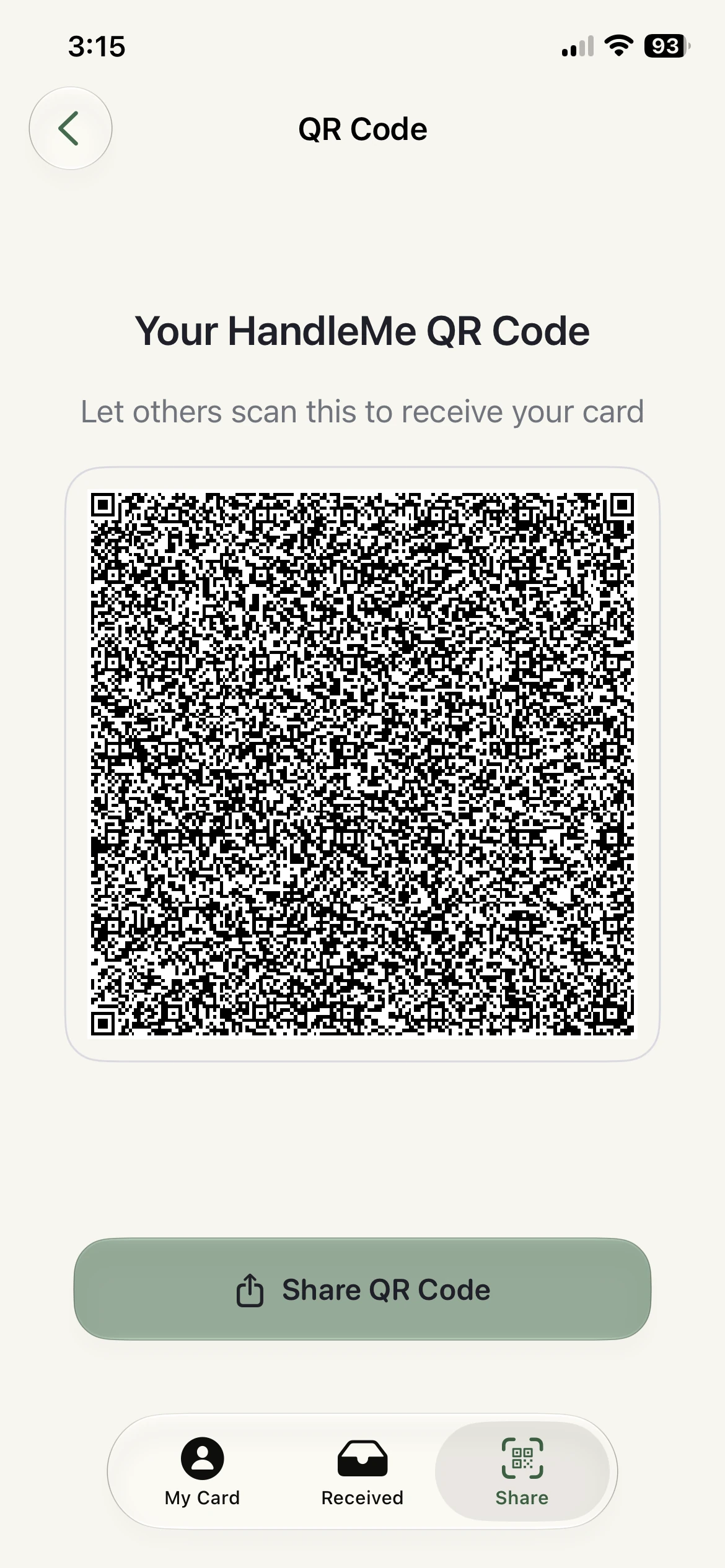 QR Code screen — let others scan to receive your card