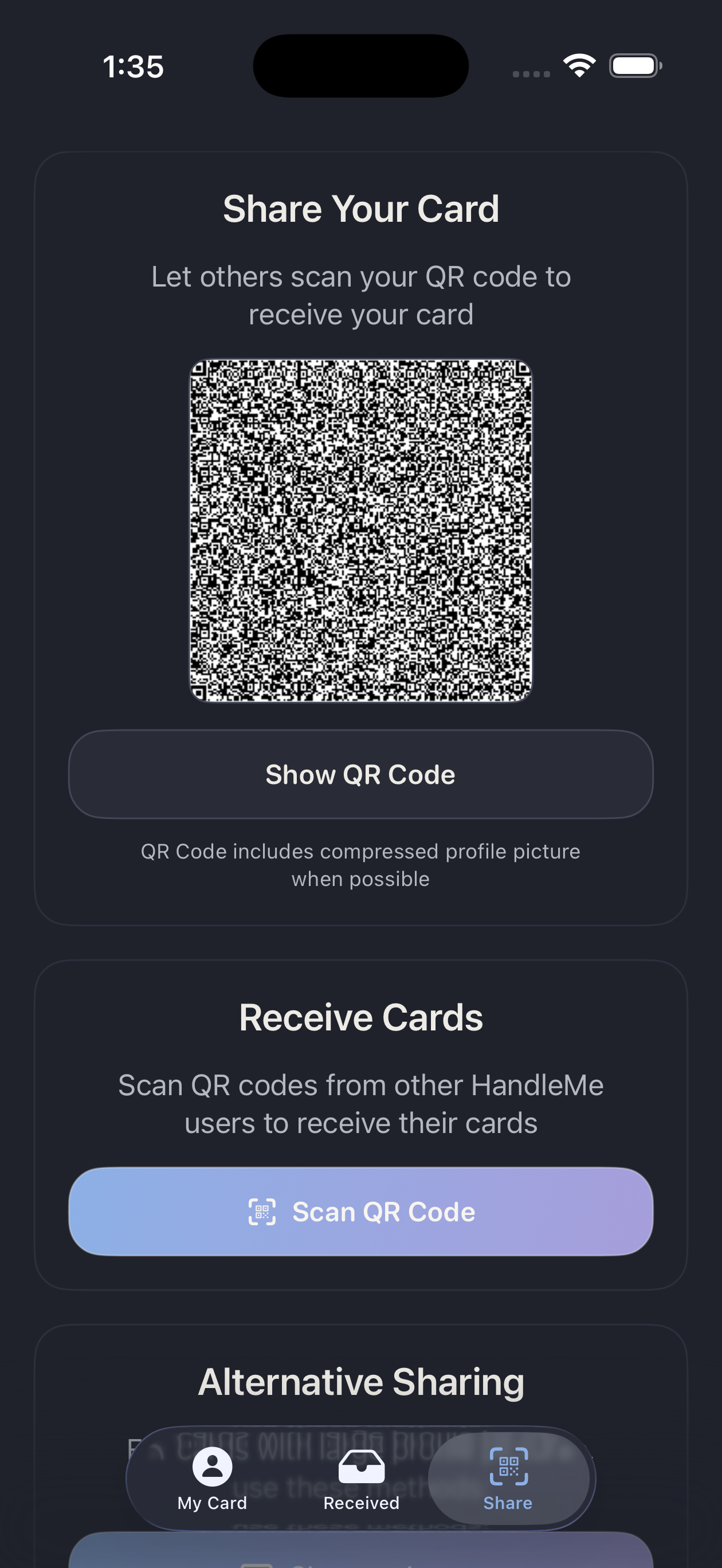 HandleMe share screen in dark mode showing the QR code card, receive cards section, and scan QR call to action.