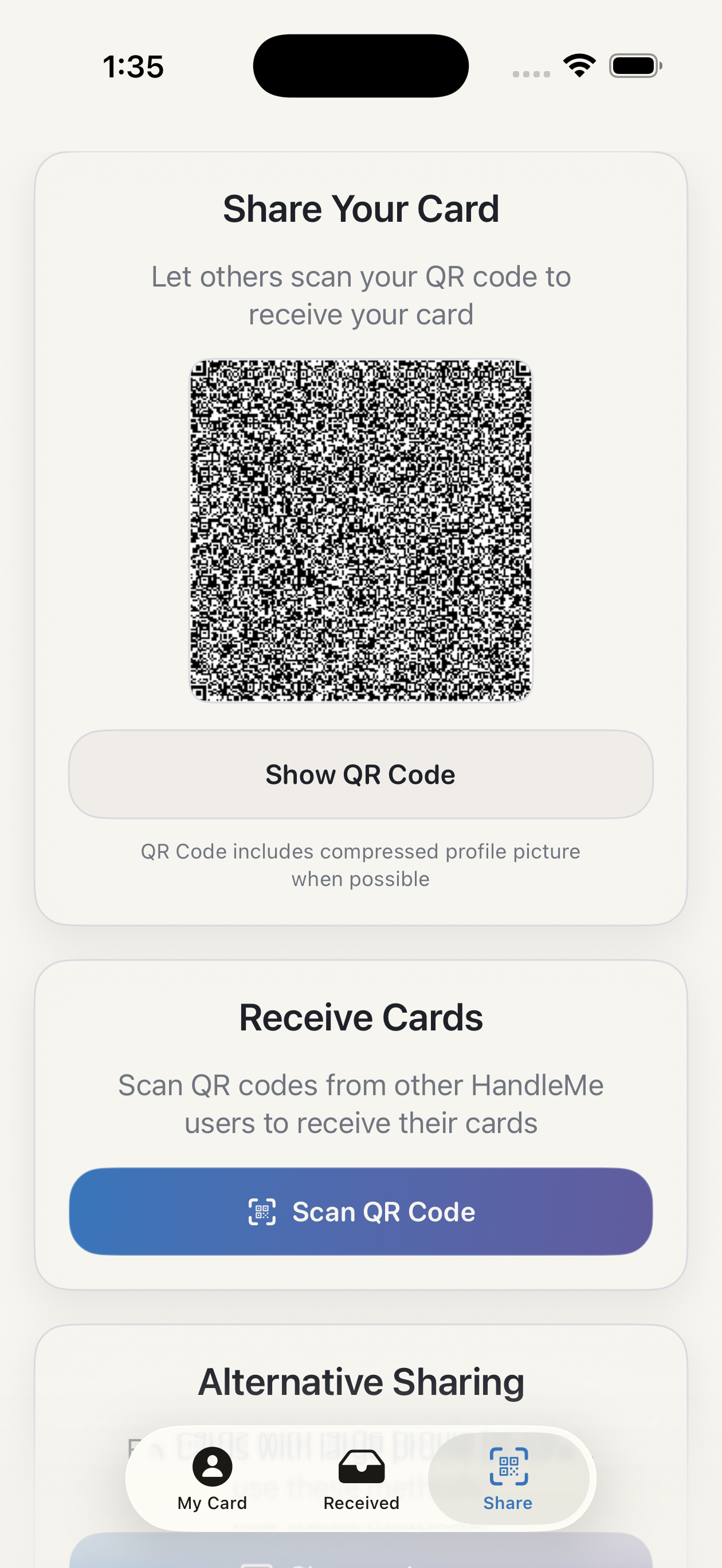 HandleMe share screen in light mode showing the QR code card, scan QR button, and alternative sharing section.