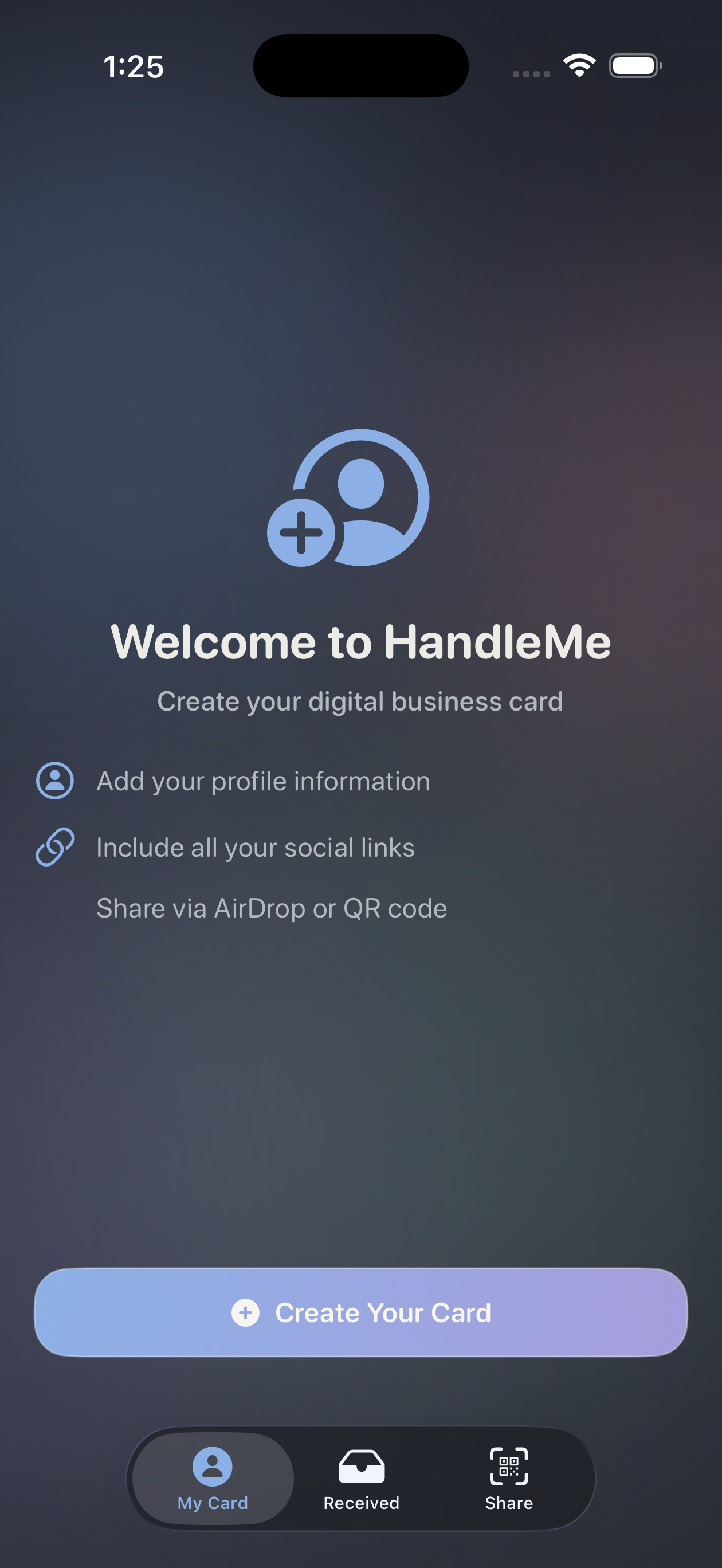 HandleMe welcome screen in dark mode with the create your card onboarding prompt and bottom tab bar.