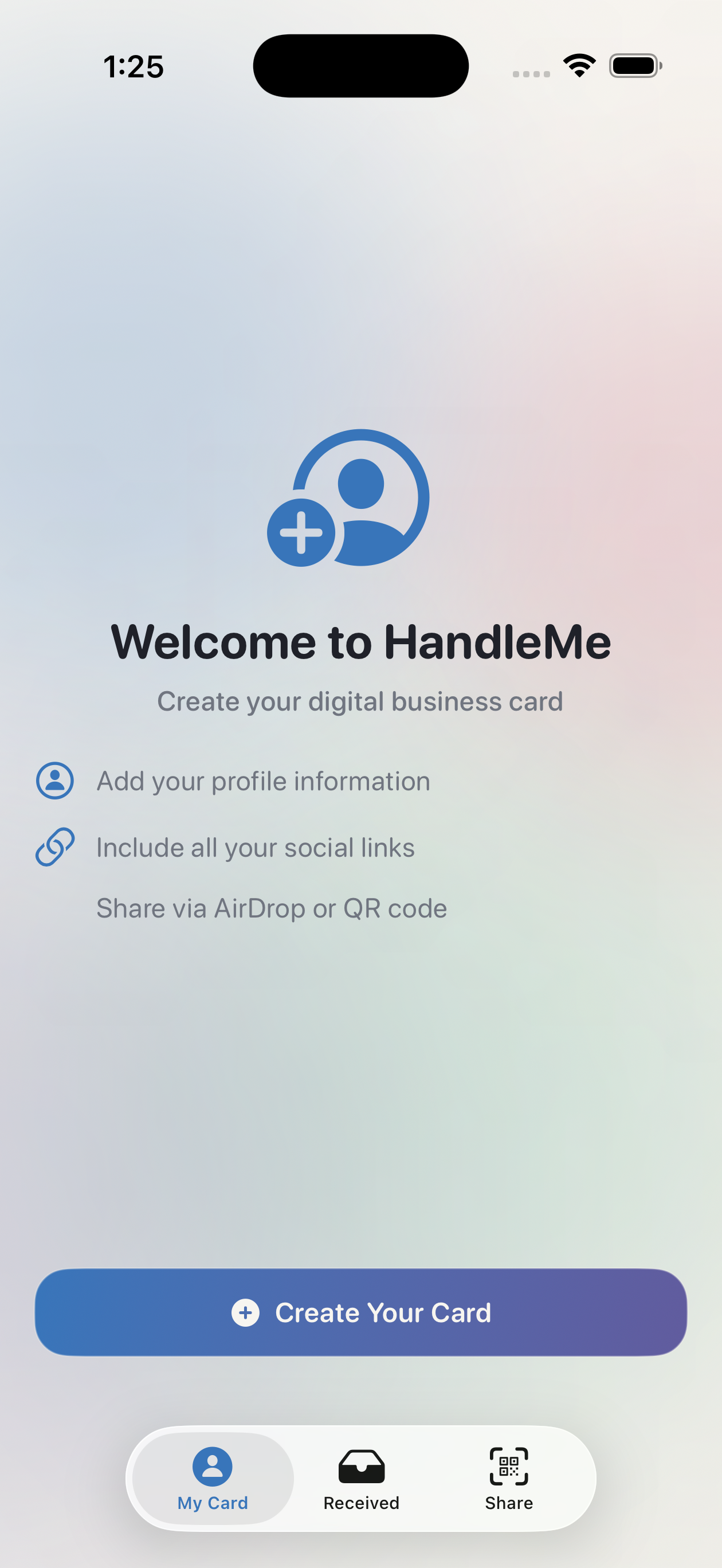 HandleMe welcome screen in light mode with the create card onboarding state.