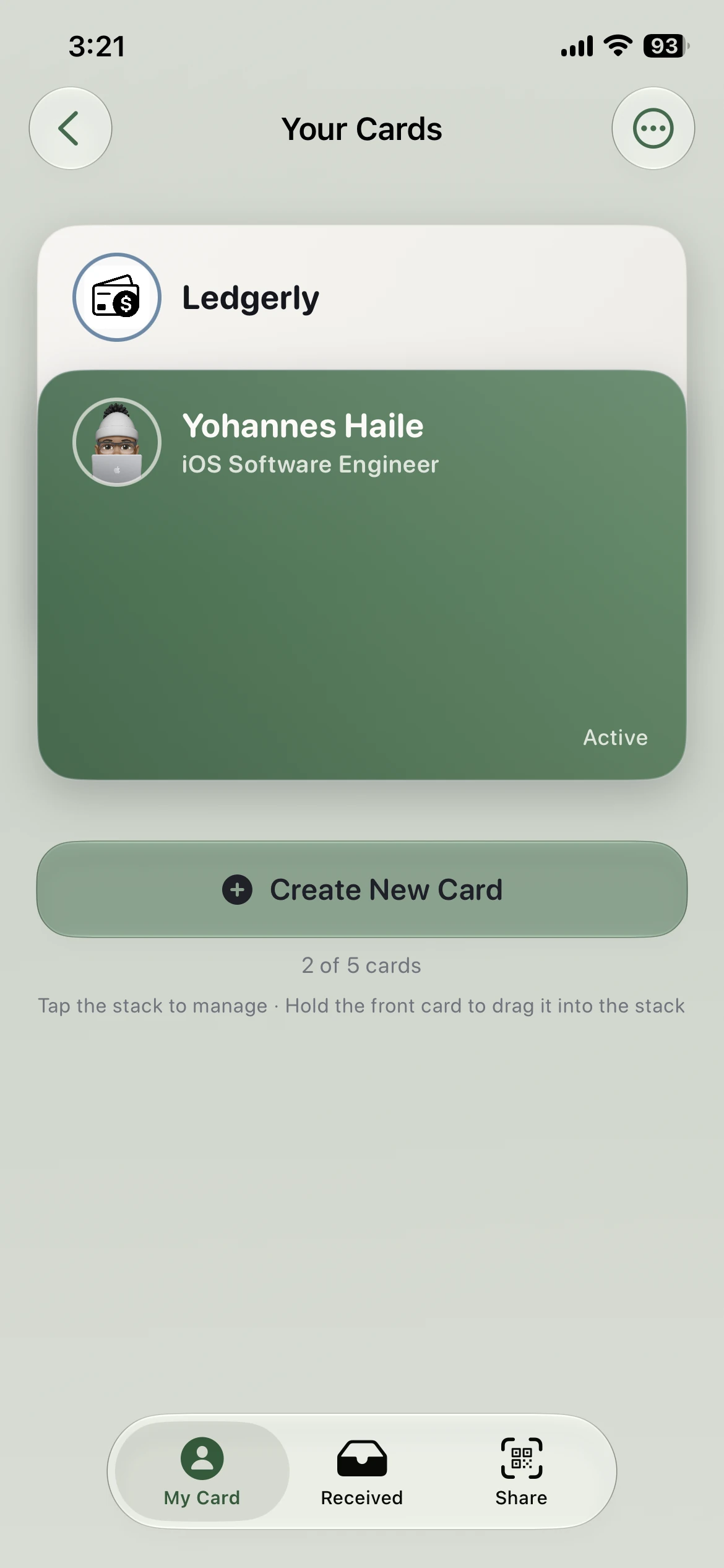 Your Cards screen showing a stack of two cards with one active