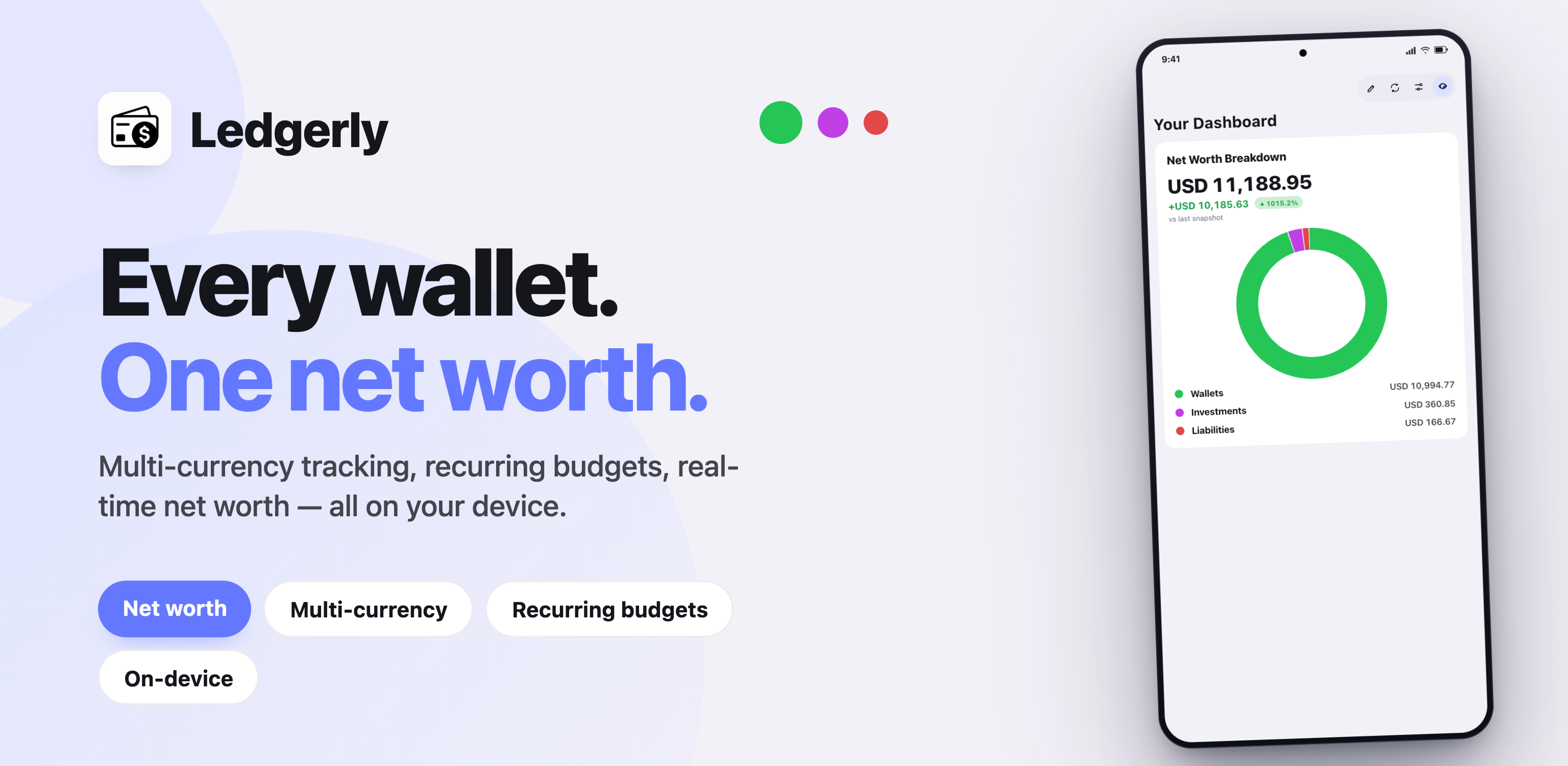 Ledgerly app preview showing the dashboard net worth breakdown on an iPhone.
