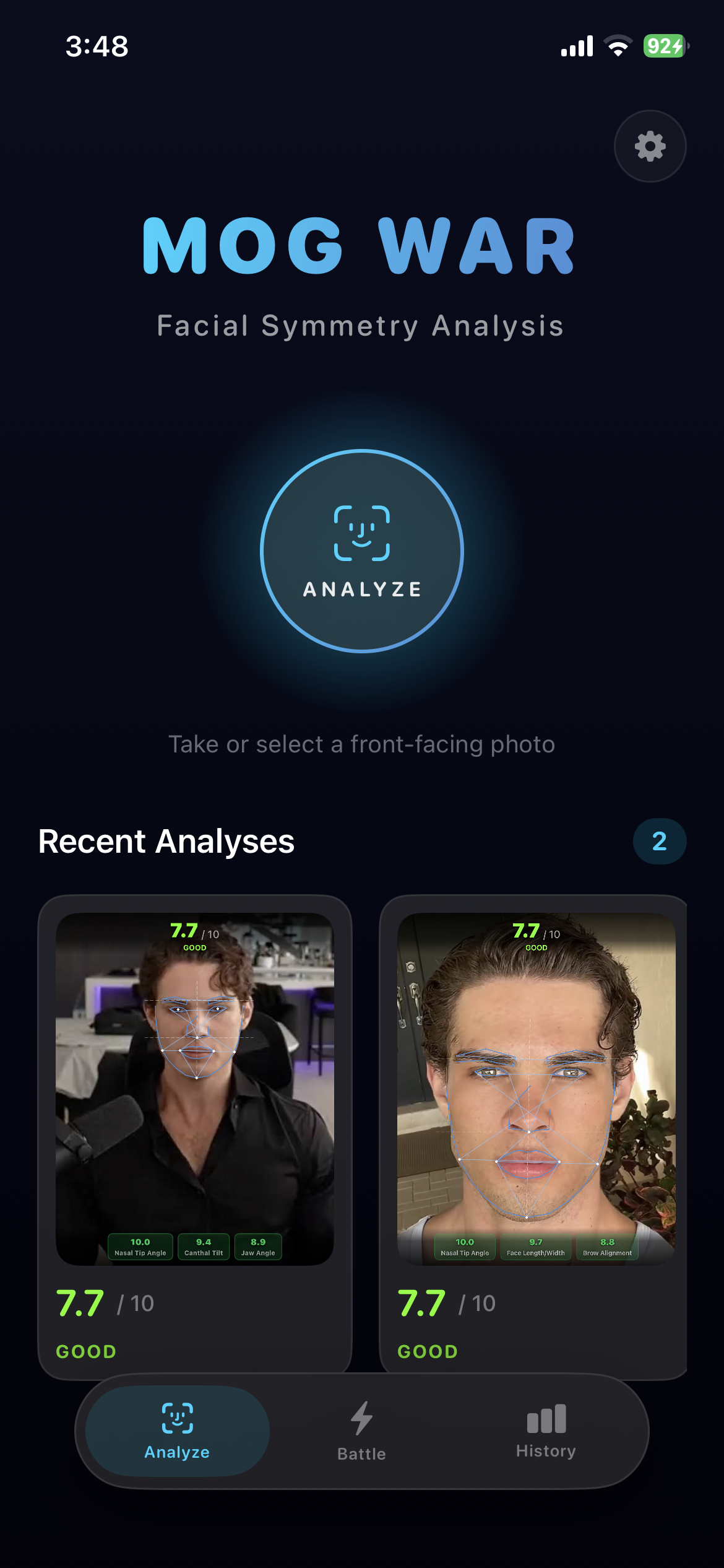 Mog War home screen with recent facial symmetry analyses.