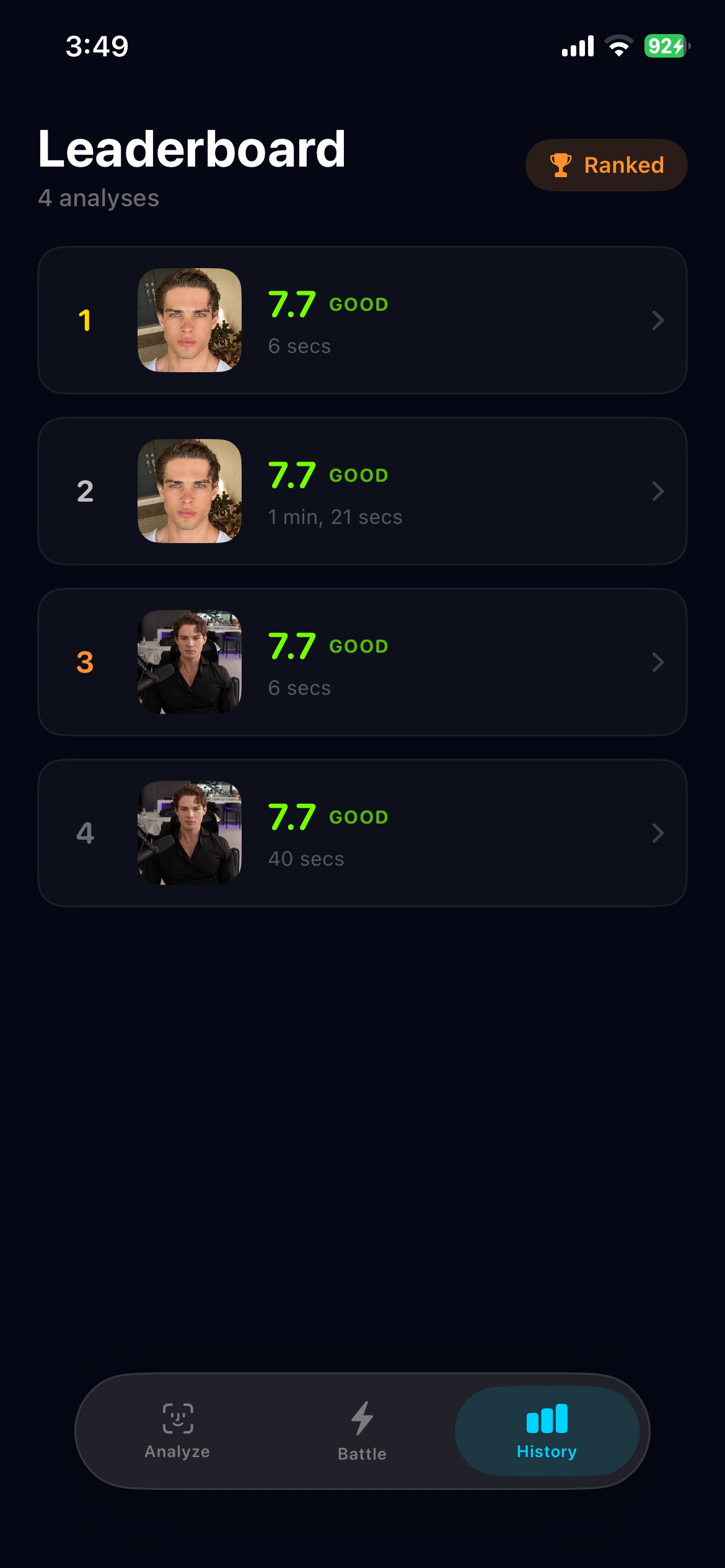 Mog War leaderboard history screen with ranked saved analyses.
